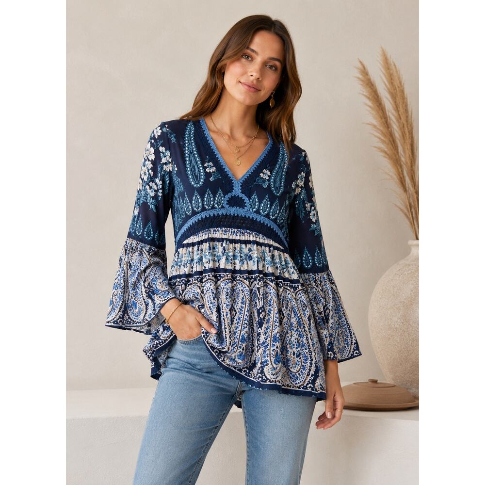 Raga Boho Peasant Blouse XS Navy Paisley Bell Sleeve Crochet Festival